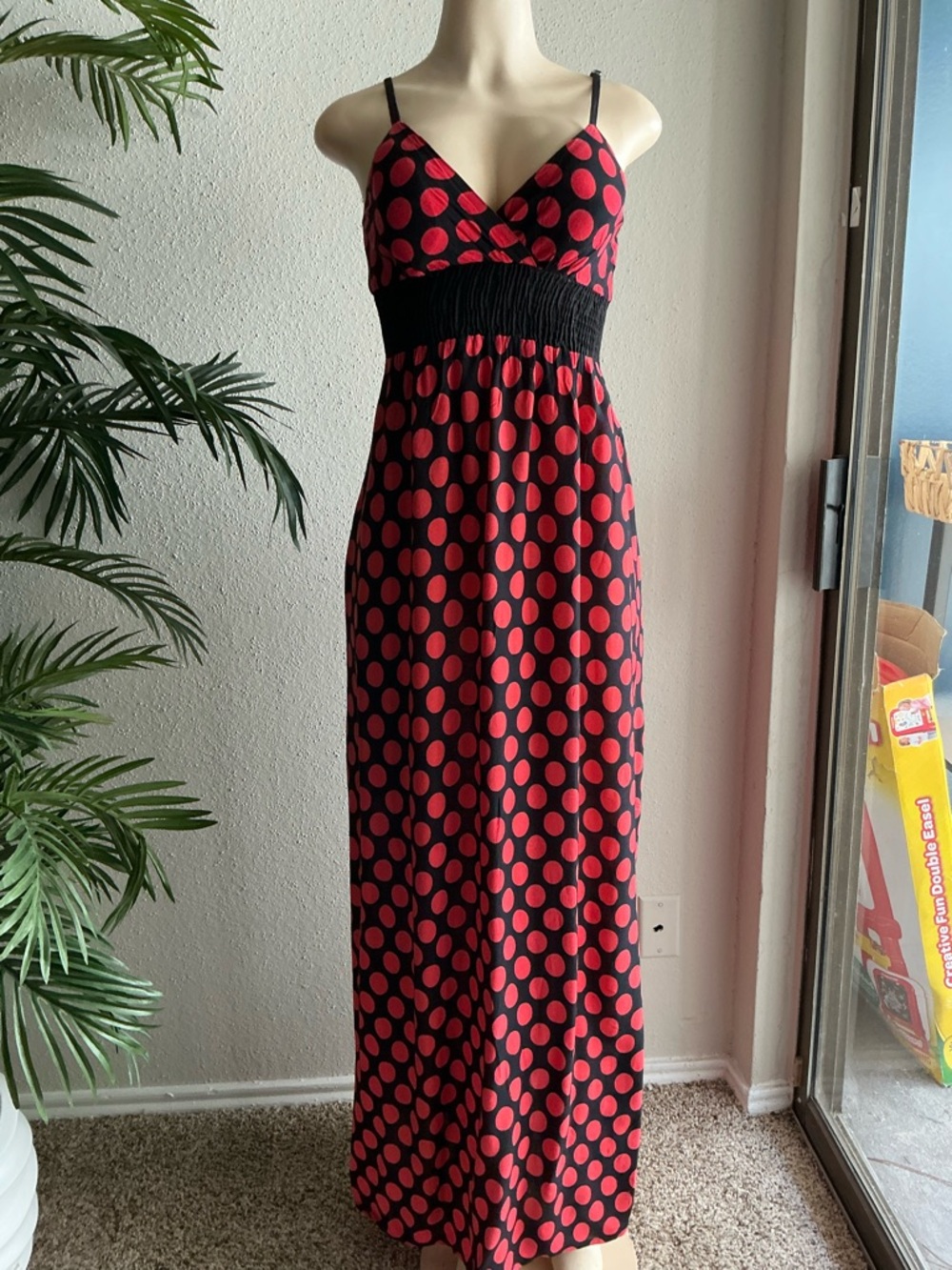Red Polka Dot Maxi Dress with Smocked Waist and Spaghetti Straps